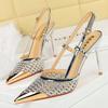 Fashion Luxury Brand High Heels Women Sandals Mesh Embroider Elegant Pointed Ladies Slingback Evening Party Wedding Bridal Dress Shoes
