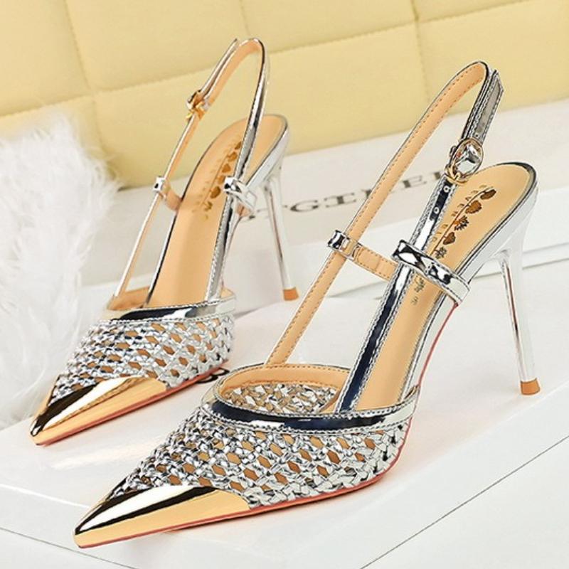 Fashion Luxury Brand High Heels Women Sandals Mesh Embroider Elegant Pointed Ladies Slingback Evening Party Wedding Bridal Dress Shoes