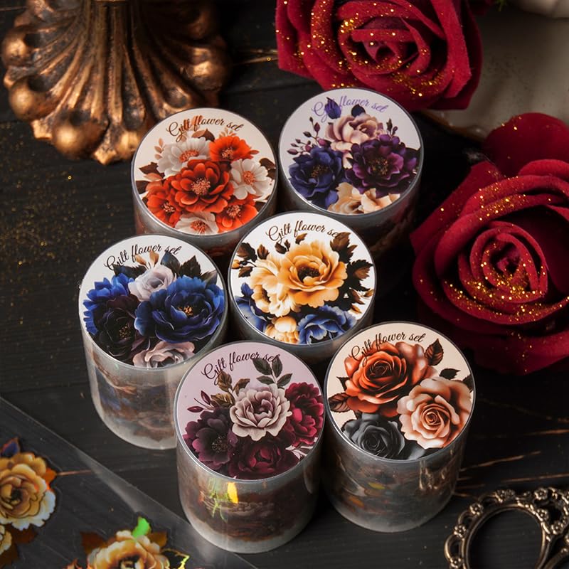 Neko Sennin Masking Set of 6 DIY Christmas Planner Floral Miscellaneous Gold Leaf Tape, Rolls, PET, Gift, Decoration, Transparent, Material, Print,