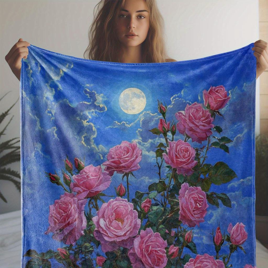 1pc Vintage Floral Night Sky Print Flannel Throw Blanket - Soft, Cozy, All-Season Knitted Polyester Blanket for Sofa, Bed, Offic