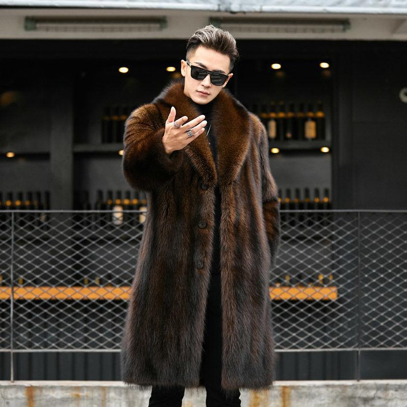 Imitation Mink Coat Men's Medium and Long Autumn and Winter Large Size Velvet Thickened Imitation Raccoon Fur Imitation Fur Coat Brown