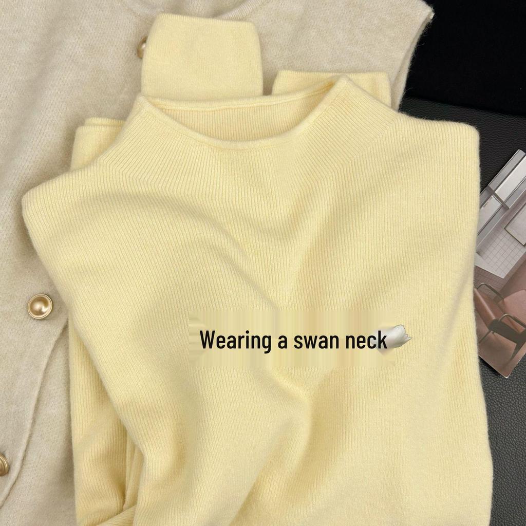 Chic Creamy Yellow Slim-Fit Knit Sweater for Women – Soft, Fluffy, Half-High Neck, Long Sleeves, Perfect for Autumn/Winter.