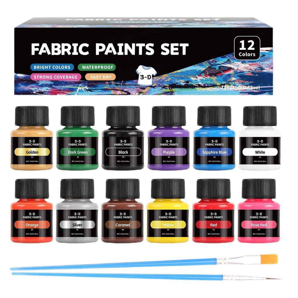 12-kleurig Textielpigmenten Set (25ml) voor doe-het-zelf Glas, Graffiti, Aquarel, Gouache en Acrylverf