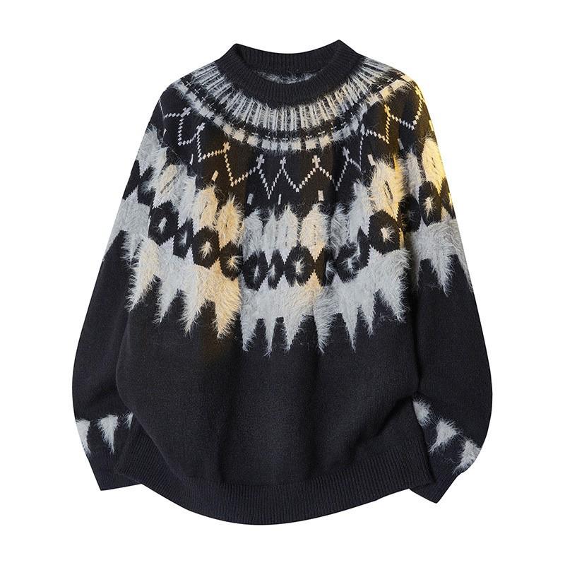 Mens Winter Heavyweight Icelandic Knit Sweater Fair Isle Crew Neck Loose Fit Casual Pullover