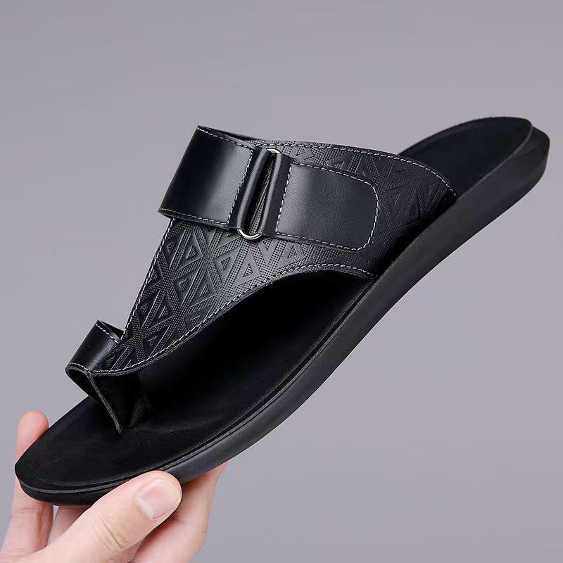 Men's 2025 Summer Genuine Leather Flip-Flops - Embossed Cowhide Toe-Post Sandals for Sport & Casual Wear