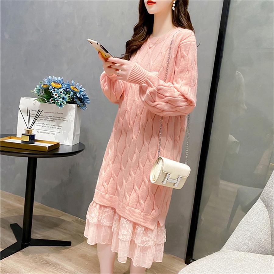 Langärmeliges Strickkleid mit Spitzenbesatz für Damen Herbst Koreanischer Stil Einfarbig Floraler Cardigan-Pullover