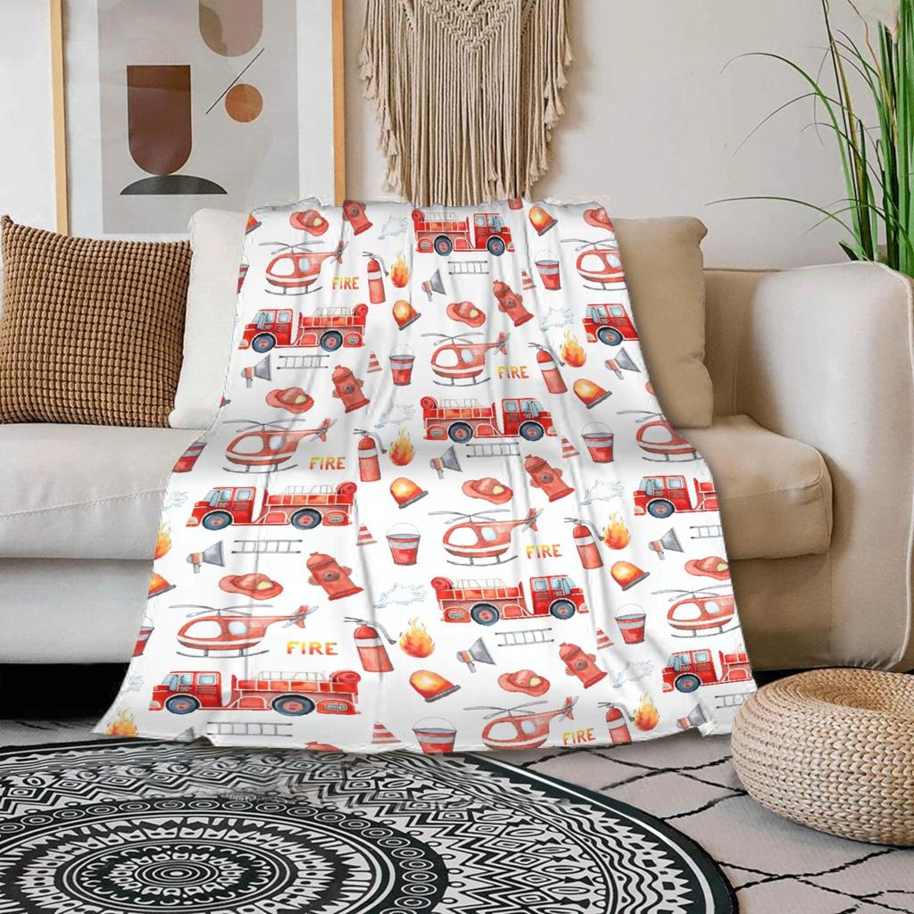 Cartoon Fire Engine Digital-printed Polyester Bedroom Velvet Flannel Cover Blanket Fleece Soft Sofa Cover Blankets for Beds