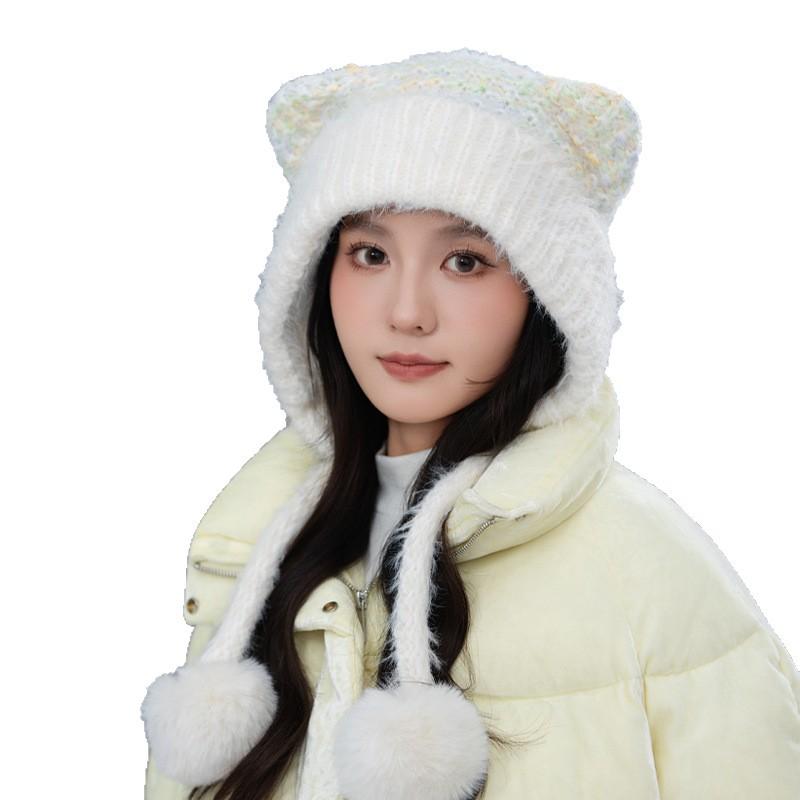 Korean Cute Colorful Bear Ear Wool Ball Cap Autumn and Winter Casual Cold Warm Hat Showing Face Small Knitted Wool Cap