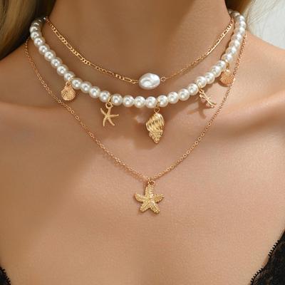 Mehrlagige Seestern Muschel Choker Halskette für Damen Trendschmuck Sommer Strandurlaub Halsaccessoires