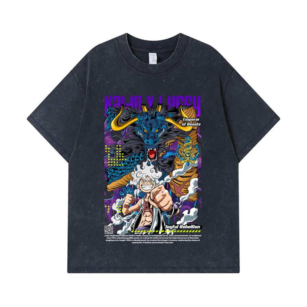 275 GSM Washed T-shirts 100% Cotton One Piece V35 Luffy Kaido Print Unisex Heavy Cotton T Shirt