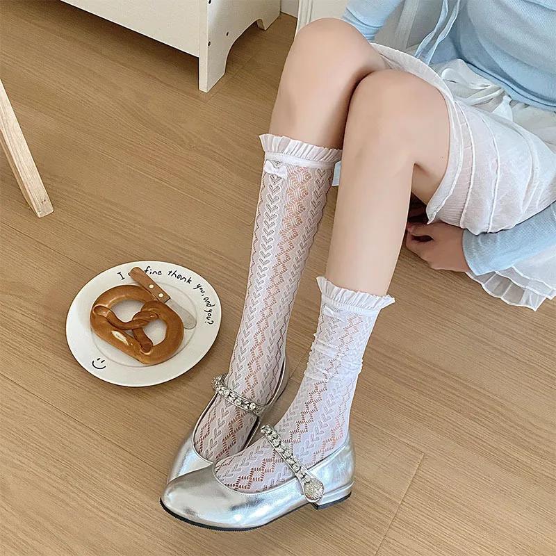 Solid Color Long Socks Stockings Women Hollow Out Mesh Fishnet Stockings Knee Socks Cute Bow JK Sweet Girls Kawaii Ruffle Socks