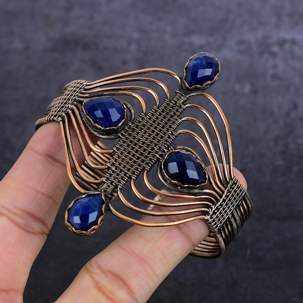Burmise Sapphire Natural Gemstone Copper Wire Wrap Cuff Bangle Adjustable w6O27
