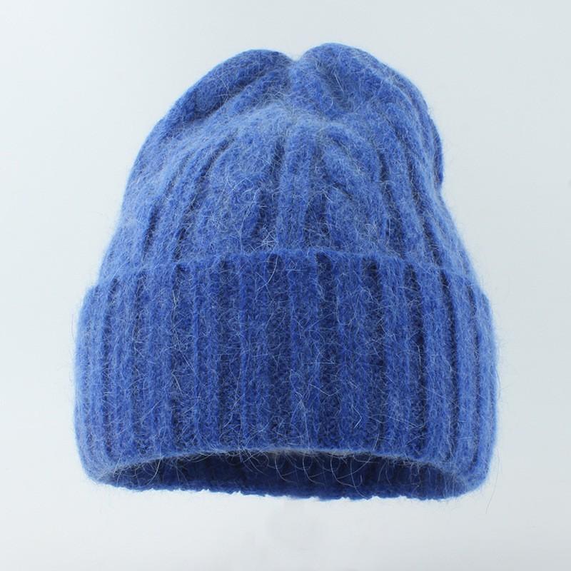 Womens Winter Angora Knit Beanie Hat With Long Rabbit Fur Trim Cable Rolled Edge Solid Color Warm Cozy