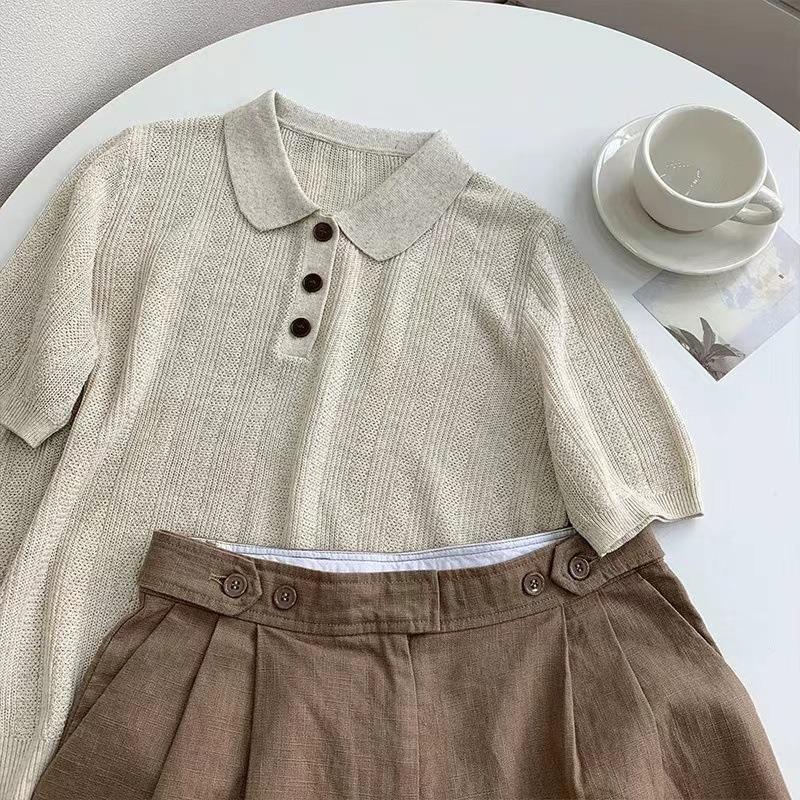 Wenyi fan olo shirt knitted short-sleeved women's summer new chic unique texture ice silk top