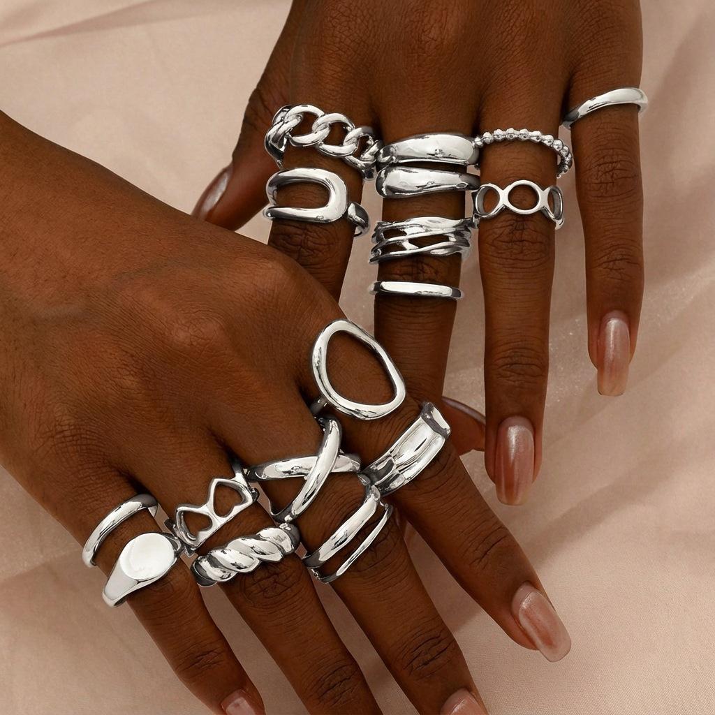 Европейский и американский модный набор из 16 геометрических регулируемых колец серебряный