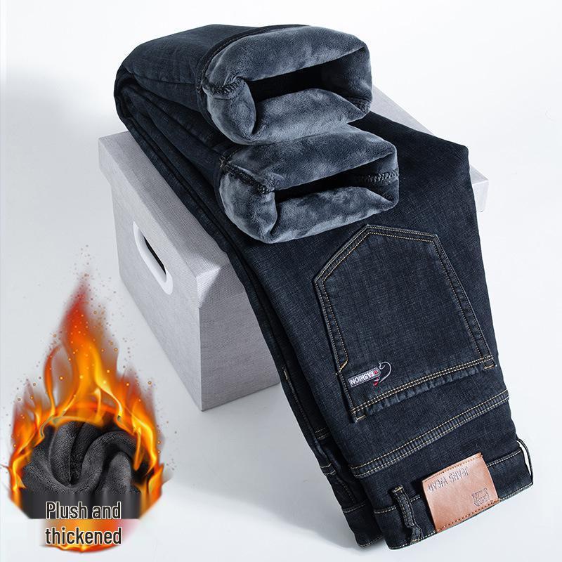 Men's Thick Velvet-Lined Stretch Denim Jeans, Loose Fit, Straight Leg, 2023 New Style, Autumn/Winter Warmth.