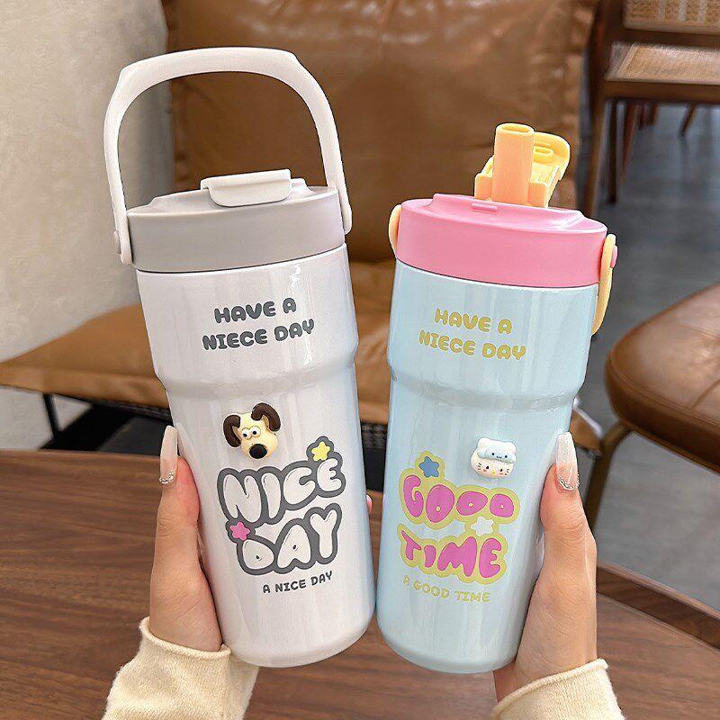 Large Capacity Thermos Cup for Women, New 2024 Model, Stylish Student Straw Cup, Dual-Use Coffee Cup, Portable
