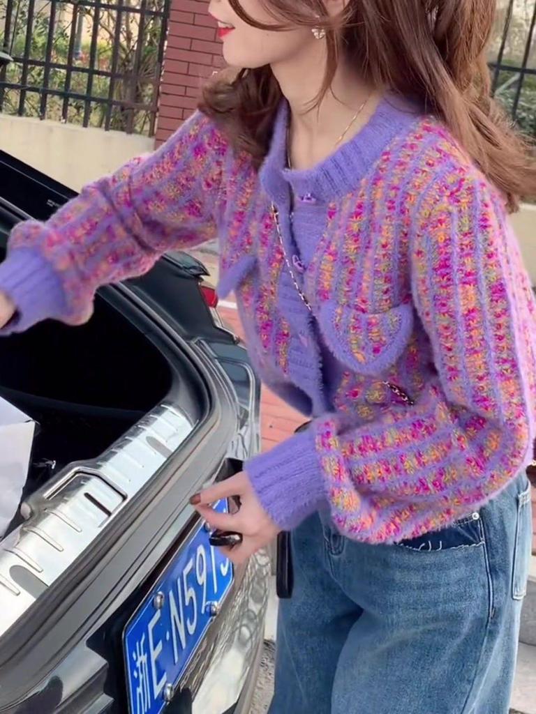 Women's Purple French Style Retro Knitted Cardigan - Autumn/Winter, Long Sleeve, Thickened, Short Round Neck Sweater