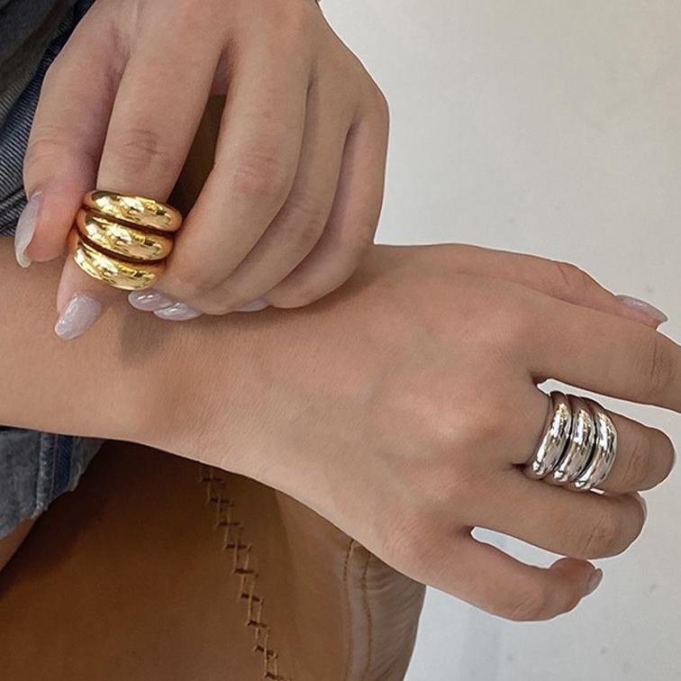 PONYKISS Sterling Silver Three Layers Round Geometric Rings for Women Minimalist Trendy Opening Fine Accessories