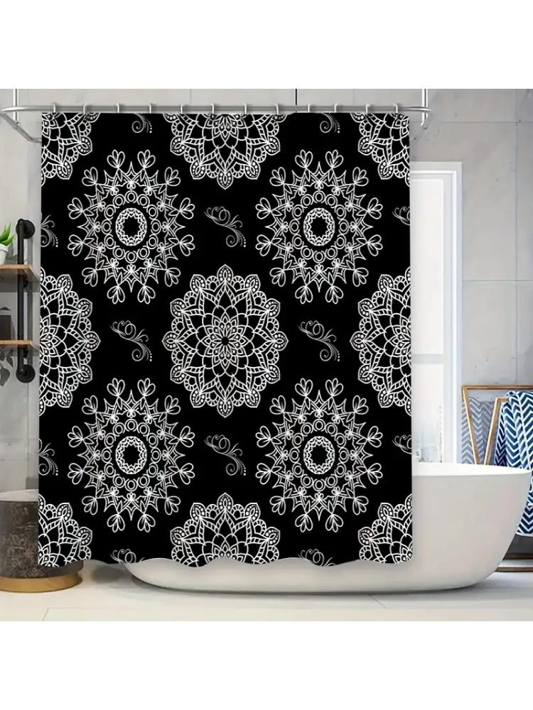 

White Lace Shower Curtain Black Waterproof Bath Mat Decorative Fabric Bathroom Window Decoration Home Drape Curtains White 140 X W60H190(CM)-1 Pcs