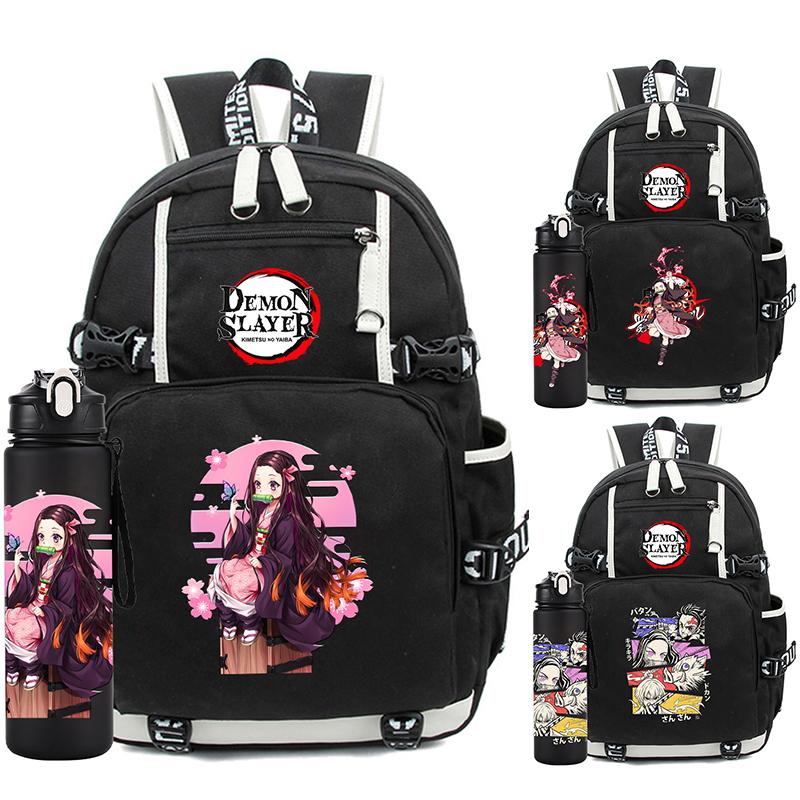 2Pcs/set Anime Demon Slayer Printed Backpack with 750Ml Water Bottler for Teenager Student Girl Boy Large Capacity Waterproof Bookbag Gift