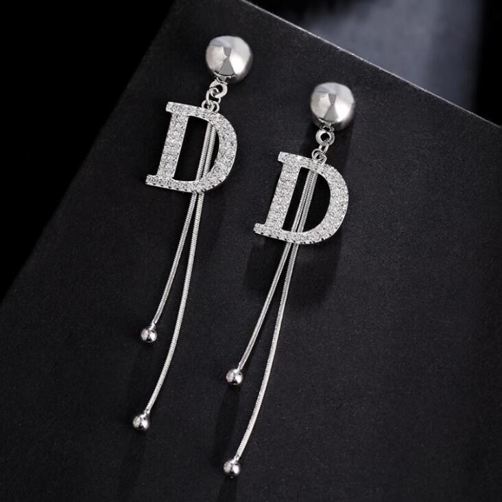Exquisite Luxury Gold Color Letter D Long Drop Dangle Earrings for Women Charm Fashion Zircon Korea Earring Bride Zircon Gift медный