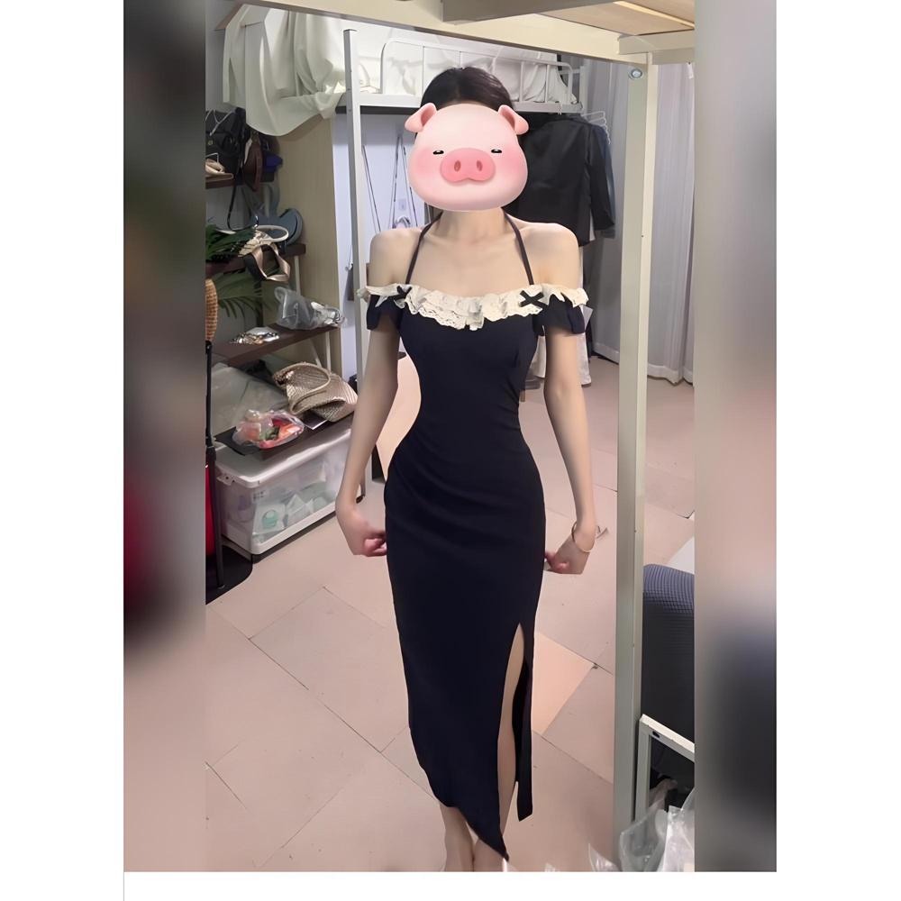 Summer black lace dress women cinch their waists to show off their slim temperament, celebrity long skirts