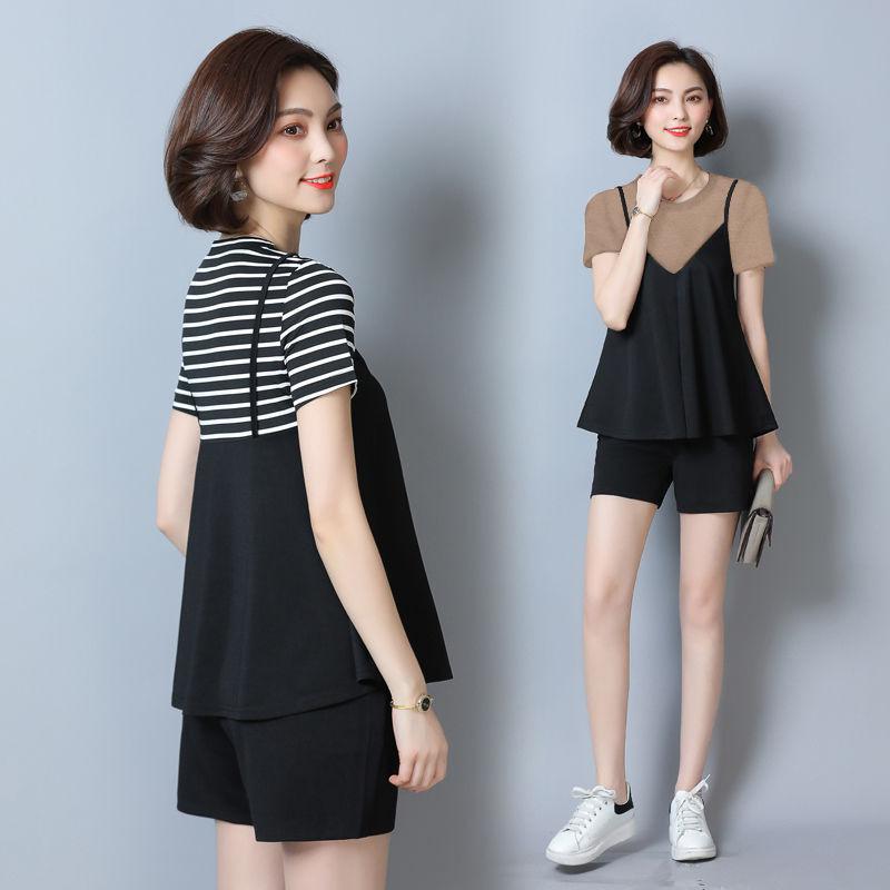 Summer Trend Striped T Short-sleeved Plus Size Women's Fat Mm Belly-covering Fashion Loose Shorts Two-piece Set