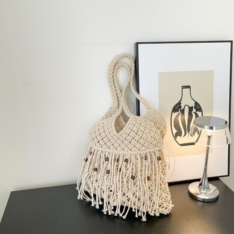 Summer Solid Color Fabric Youth Elegant Tote Bag for Women Tassel Beads Large Capacity Beach Bags Hollow Out Woven Shoulder Bags