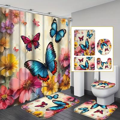 4 Pieces Vibrant Floral Shower Curtain Colorful Butterfly And Blooming Flowers Bathroom Suit Bath Mat Three Piece Set