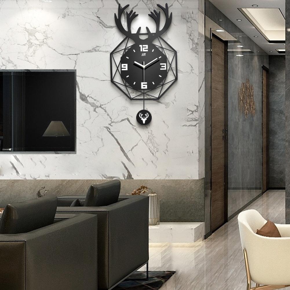 Nordic Style Deer Head Wall Clock Silent Movement Wood Wrought Iron Double layer Design For Household Living Room Decoration