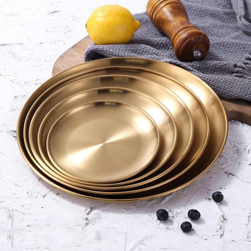 Goldene Edelstahl Ablageschale Luxuriöse Messing Gold Runde Platte Obst Kuchen Steak Snack Küche Metall Lagerung Großhandel