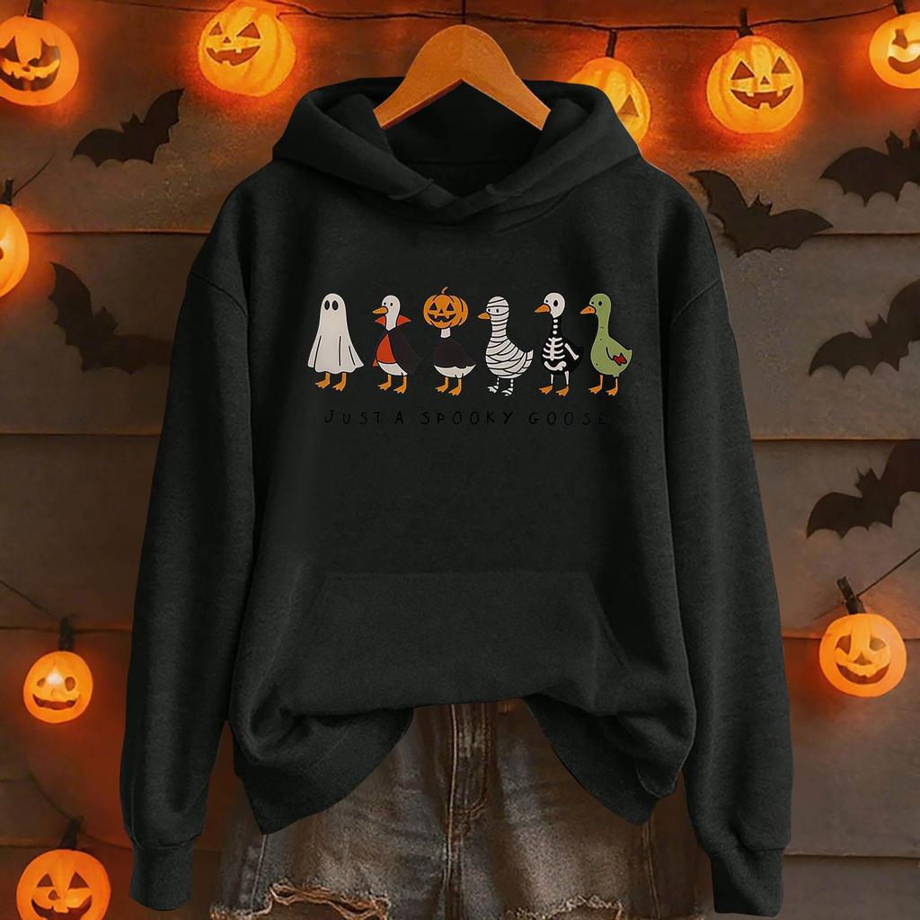 Damemote Casual Langermet trykt Rundhals hettegenser Pullover Topp med lommer