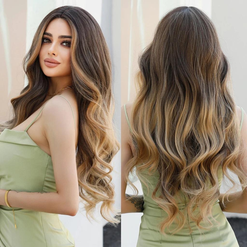 Lange schwarze gerade Perücken für Frauen, synthetische Highlights, blonde, geschichtete Perücke mit Vorhang-Pony, hochdichte Haarperücke