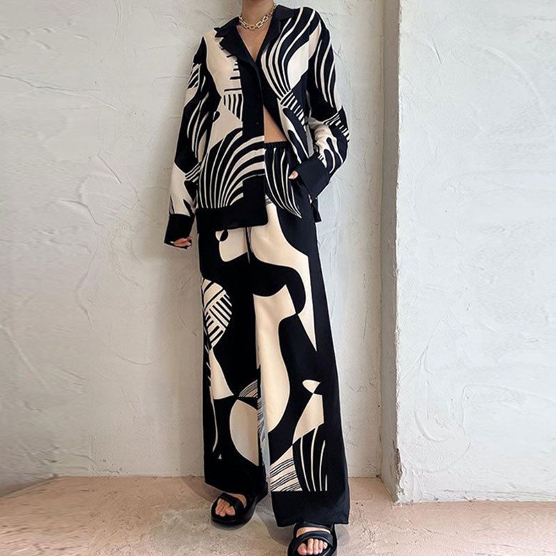 

Long Pants Casual Suit Fashion Women Fall Temperament Trend Print Long Sleeves Pants Casual Suit Black Print S