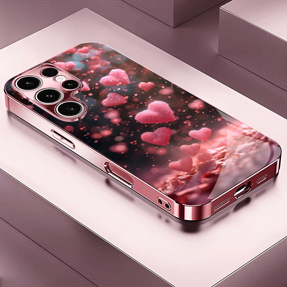 Pink heart-shaped metallic paint glass phone case suitable for Samsung Galaxy S26 S25 S24 S22 S21 S20 FE/Ultra/Plus anti drop