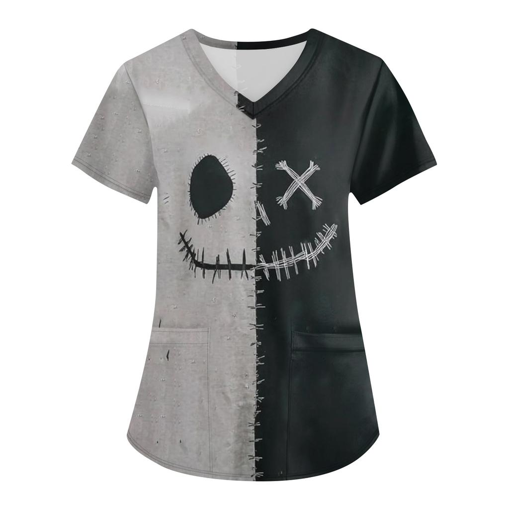 Women's Printing Uniform Work Uniform V-neck Pockets Basic Short Sleeve Pullover Top