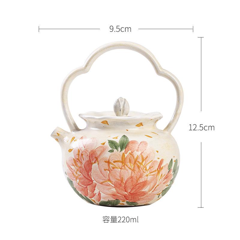 

220ml Hand-painted Peony Lifting Beam Teapot Retro Pot Tea Soaking Kettle With Filter White Tea Tableware Accessories Ornaments