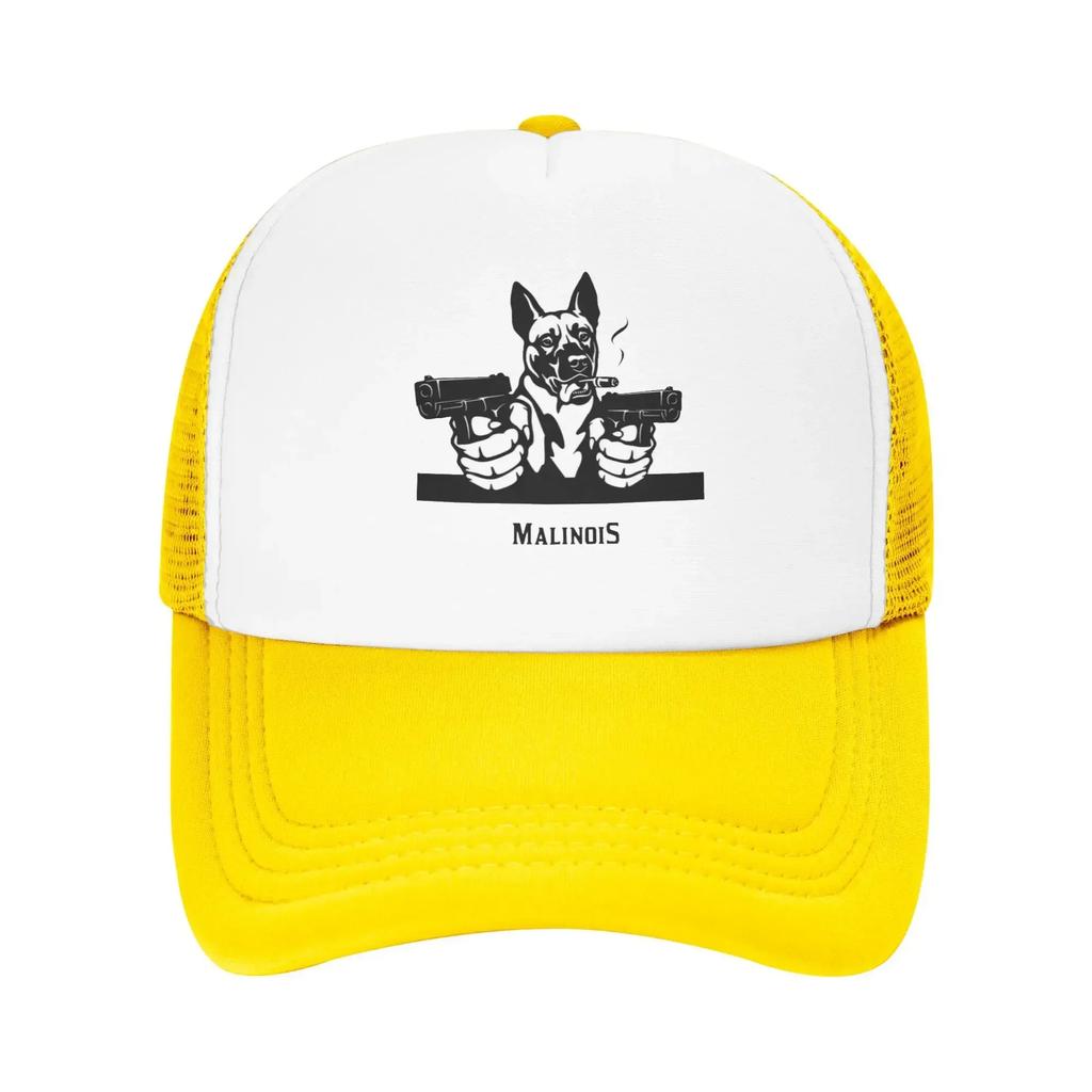 Funny Malinois Dog with Gun 2025 Belgian Shepherd Custom Mesh Baseball Caps Women Unisex Female Beach Sunscreen Hat Peaked Cap