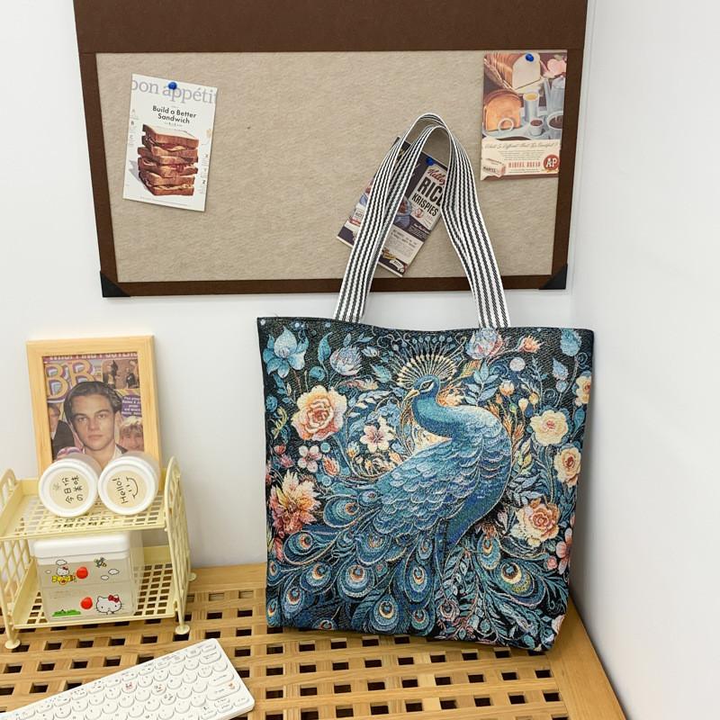 Peacock Canvas Tote Bag With Embroidery And Large Capacity For Daily Use