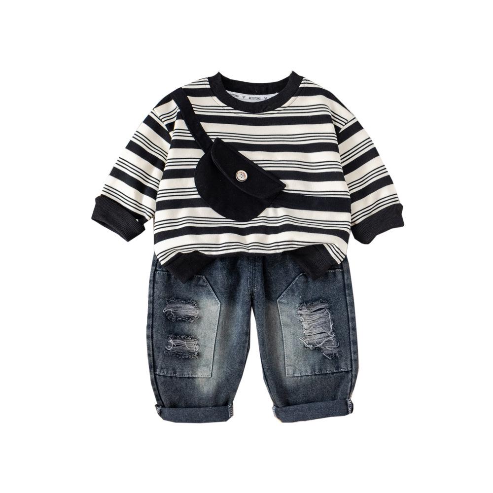 Boys' Toddler Spring & Autumn Striped Sweatshirt with Crossbody Bag Two-Piece Set, 2025