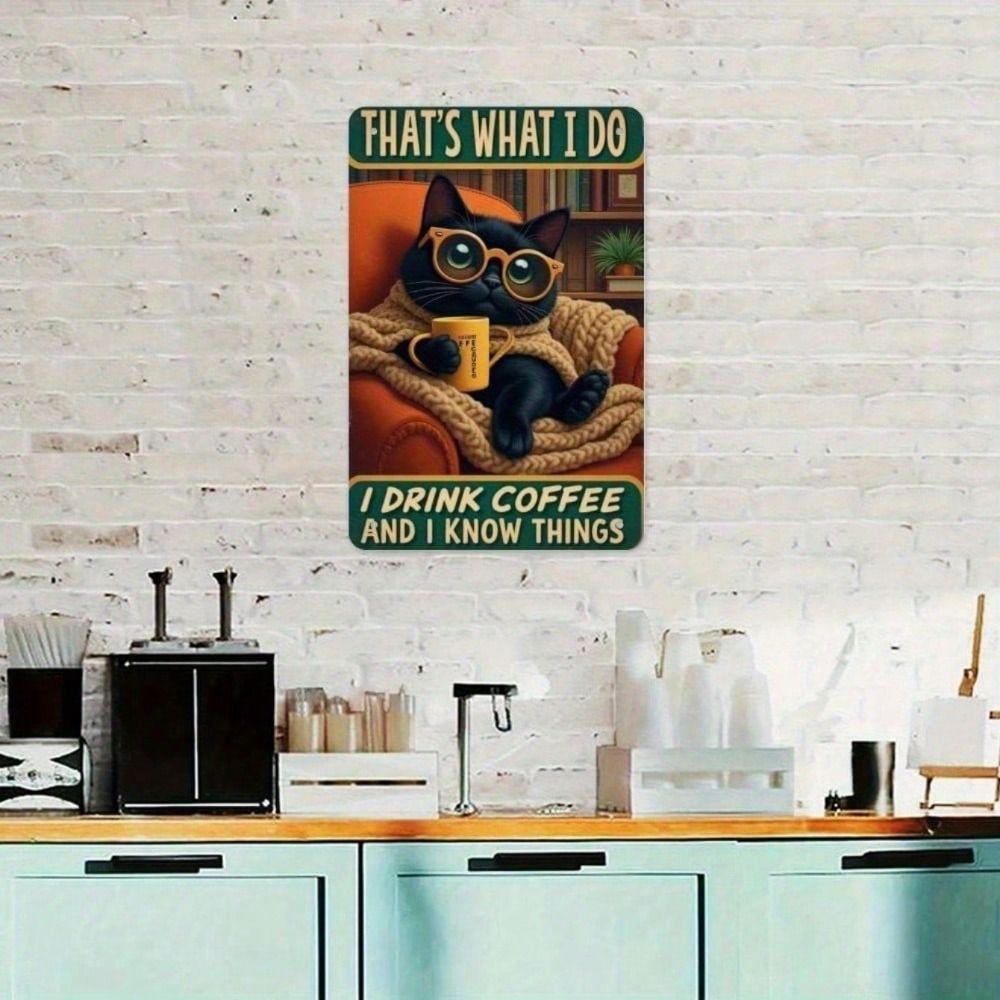 

Metal Wall Art Black Cat with Glasses Coffee Cup Kitchen Decor