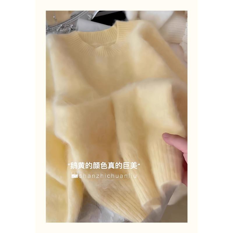 Hairy round neck pullover imitation mink sweater knitted top solid color advanced sense loose lazy women autumn and winter thickened