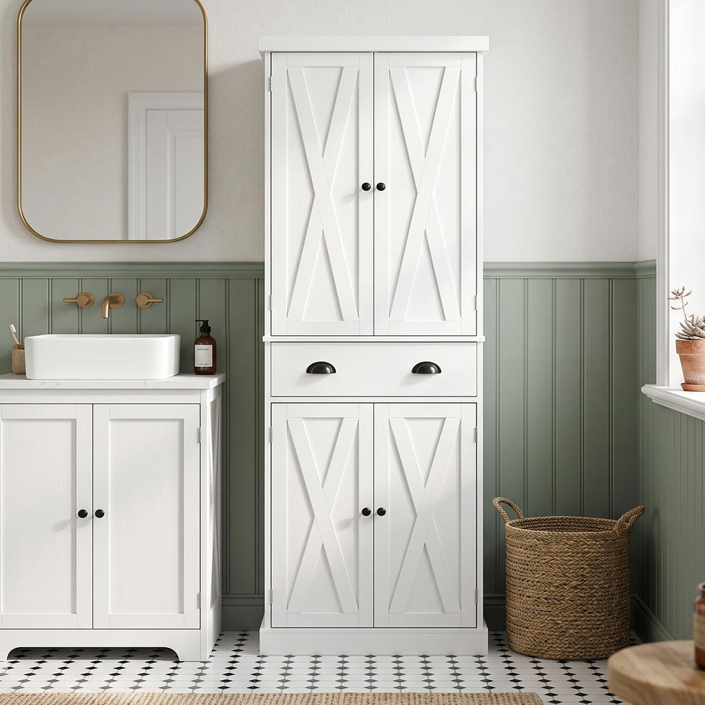 High Kitchen Buffet, 4 Doors, Drawer, 62 x 38 x 173 cm, White
