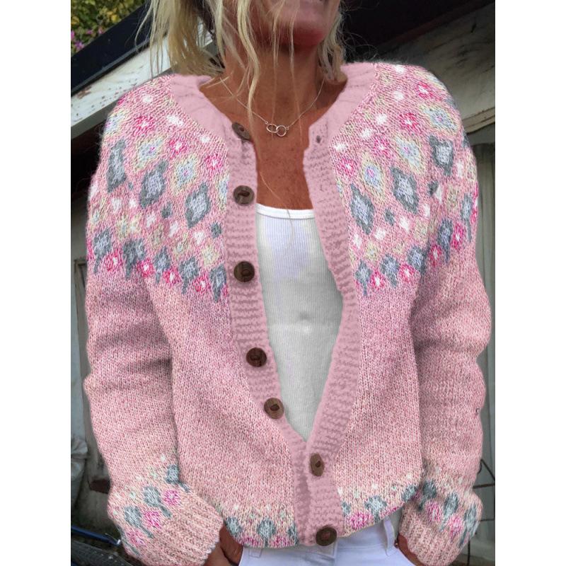 Cardigan Tricot Femme Col Rond Boutonnage Simple Imprimé Floral Manches Longues Vêtement d'Extérieur Décontracté
