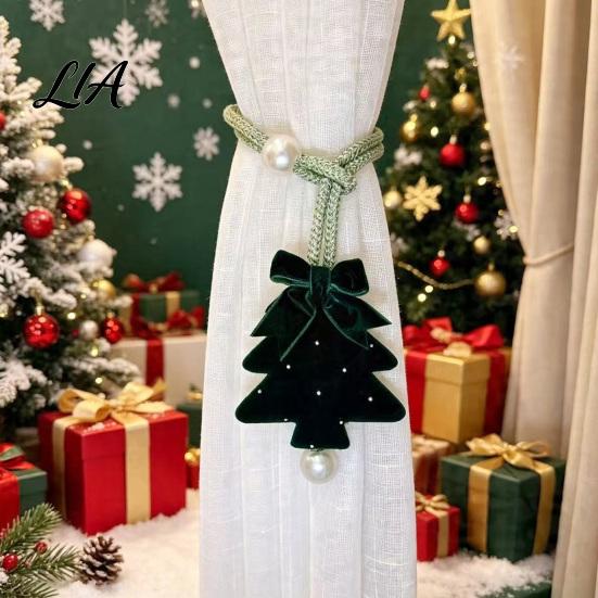 Reusable Christmas Decorations Tree Curtain Tieback, Green Velvet Holder with Bow And Festive Door Handle Pendants Faux Pearl, Decorative Drape