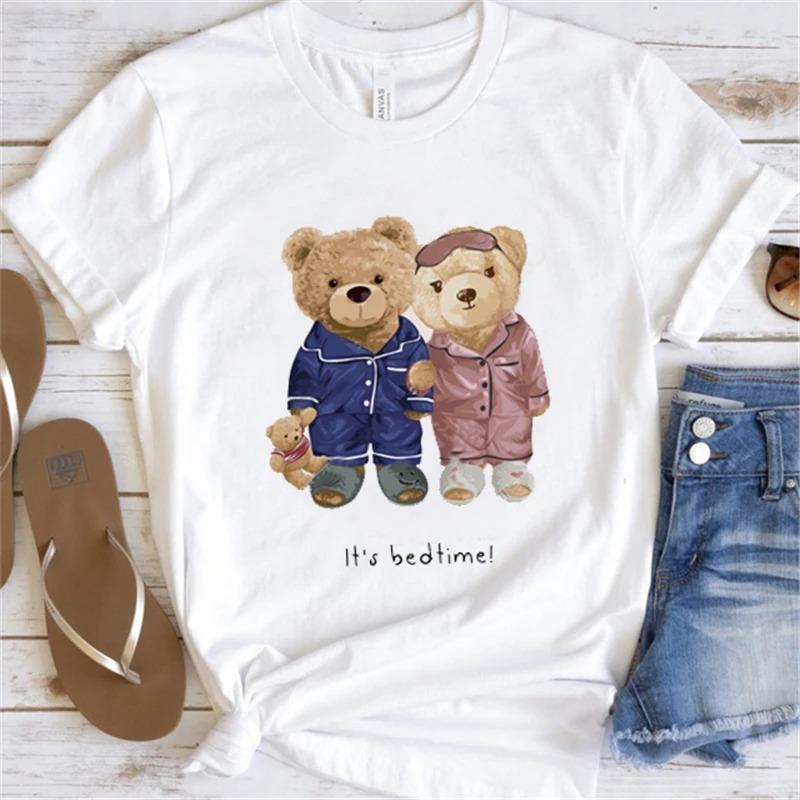 Cute Little Bear Print TShirt Summer Trend White Short Sleeve Neck Casual Sports Aesthetic Clothes Womens Graphic T Shirts