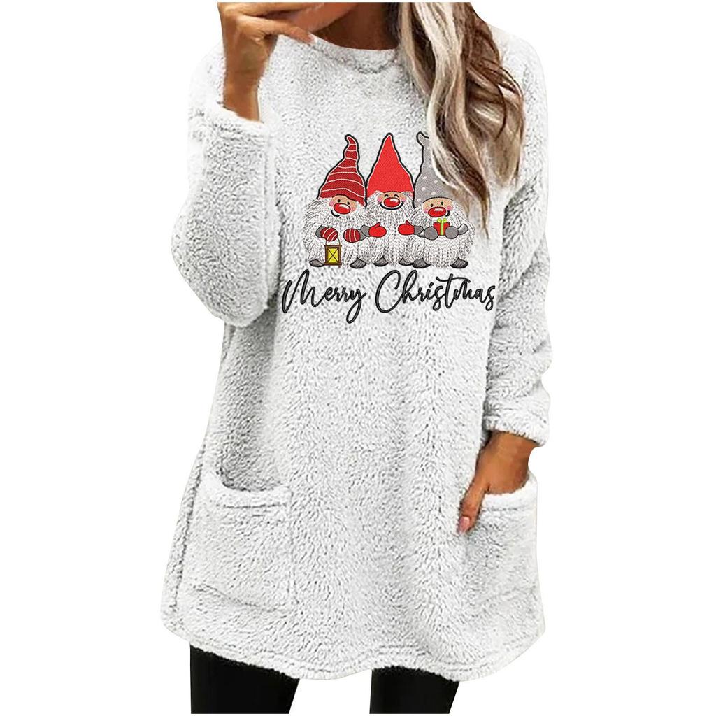 Women's Christmas Snowman Print Plush Hoodie - Round Neck, Loose Fit, Long Sleeve, with Pockets