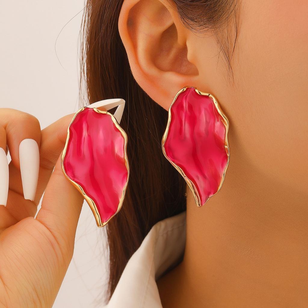 Bold Pink Petal Drop Earrings for Women Abstract Enamel Statement Earrings