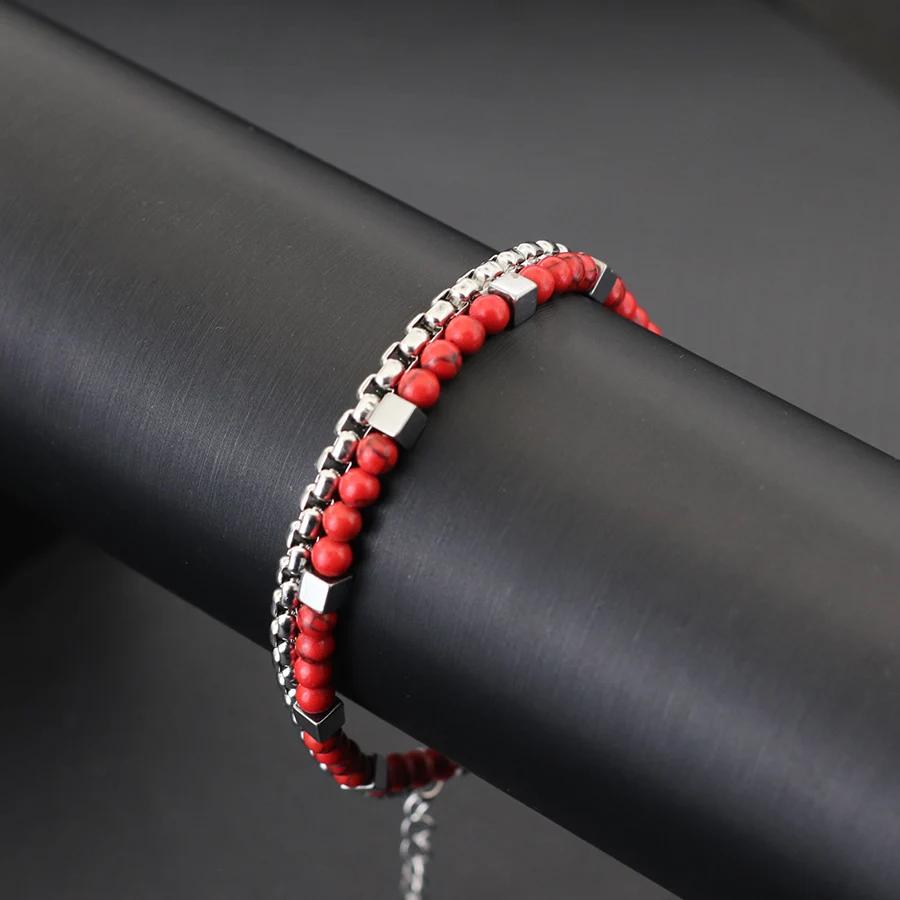 Stylish 2Pcs Men Bracelet Set 4mm Stainless Steel Cuban Chain Braslet Square Hematite Stone Healing Braclet Cycling Accessories